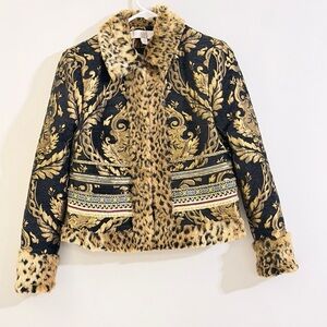 Boston Proper Black and Gold Beaded Baroque Faux Fur Jacket Size 4
